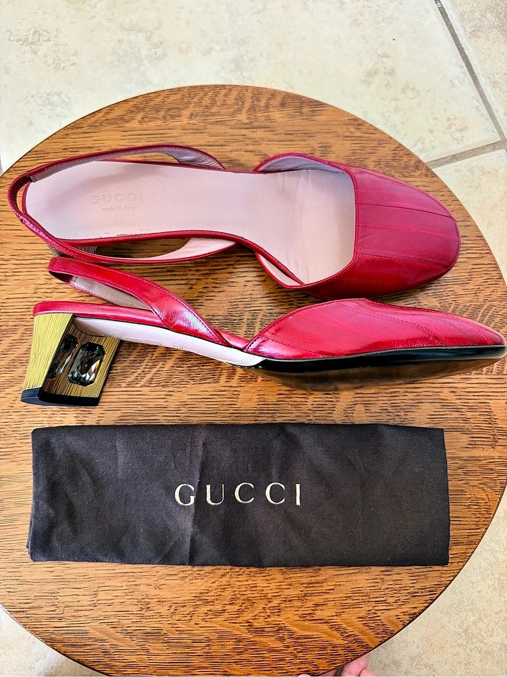 Gucci Red & Gold Crystal Embellished Slingback Heels Size 10